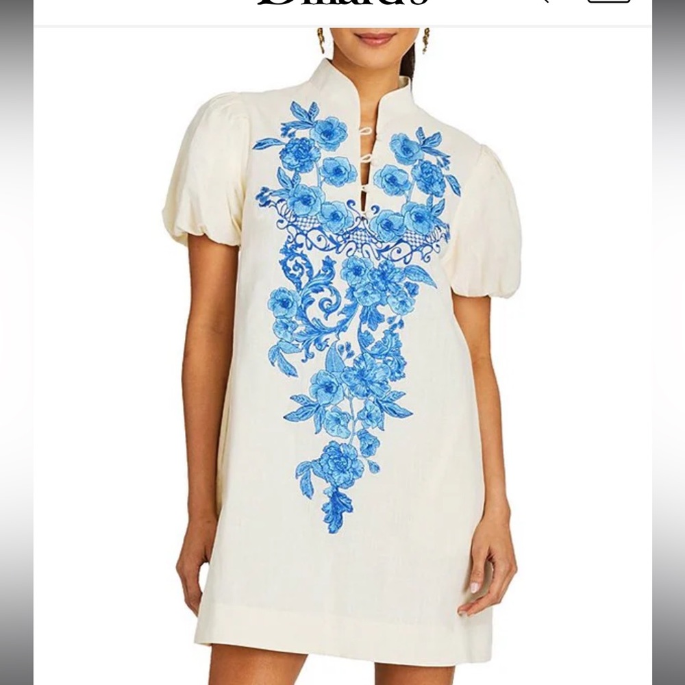 Mestiza - White Dress with Blue Floral Design